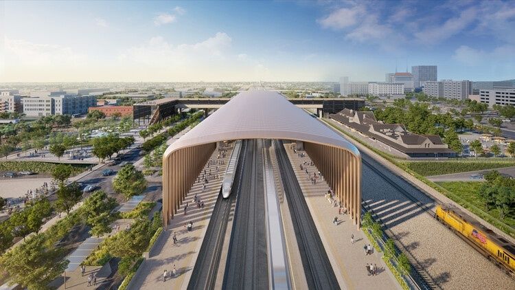 Illustration av en modern järnvägsstation med spår och stadsbebyggelse